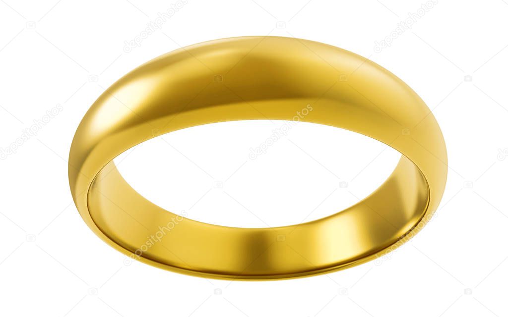 Blank gold ring isolated on white background. Engraving mockup. 3D rendering.