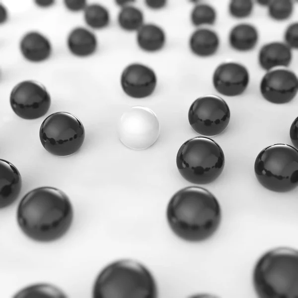 Διάσπαρτα Μαύρες Μπάλες Στο Λευκό Πάτωμα Μία Λευκή Μπάλα Απεικόνιση — Φωτογραφία Αρχείου