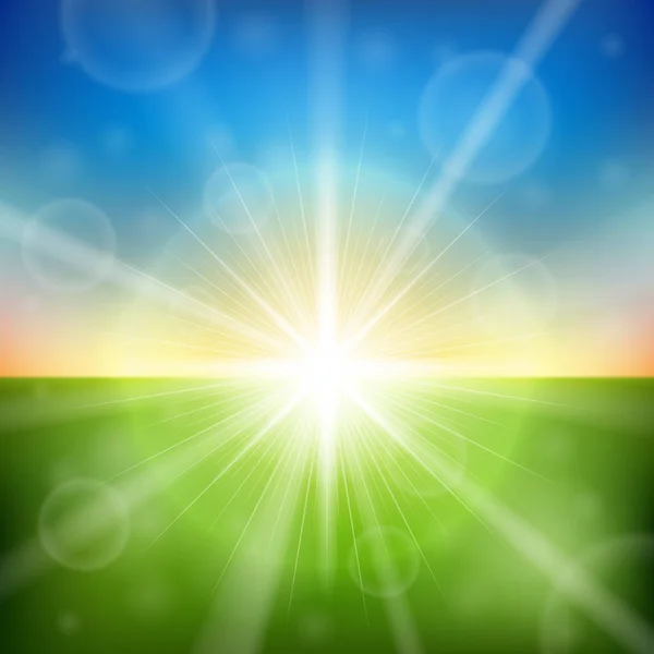 Helle Sonnenaufgangslinse Flare Vektor Hintergrund Farbenfrohe Frühlingskulisse — Stockvektor