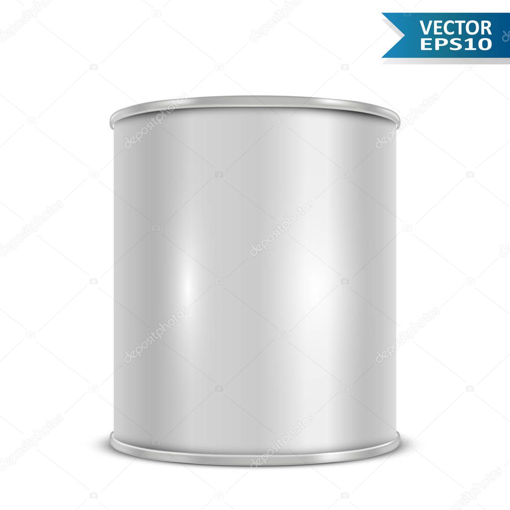Metal tin can side view on white background. Vector illustration.
