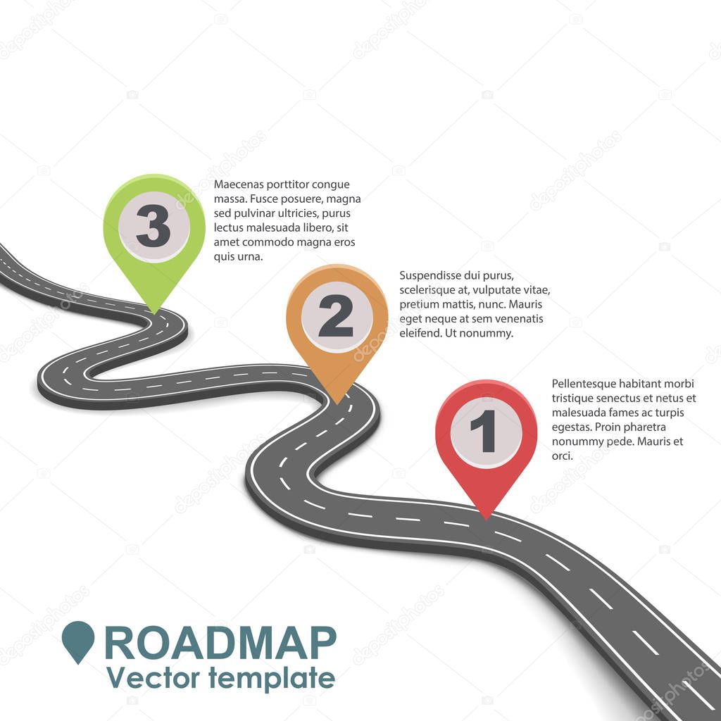 Abstract business roadmap infographic with color pointers vector template. Simple road isolated on white background.