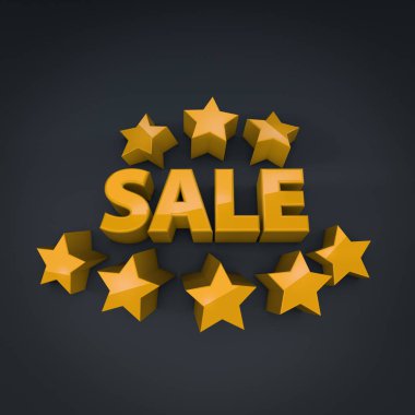 Satış promosyon afiş sarı yıldız şekilleri ile. 3D çizim. 
