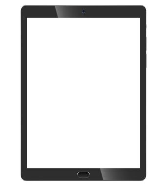 Siyah tablet pc önden görünüm beyaz arka plan üzerinde izole. Kayrak vektör mockup boş ekran ile.