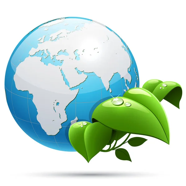 Планета Земля Зелеными Листьями Экологический Символ Изолированы Белом Фоне Векторная — стоковый вектор