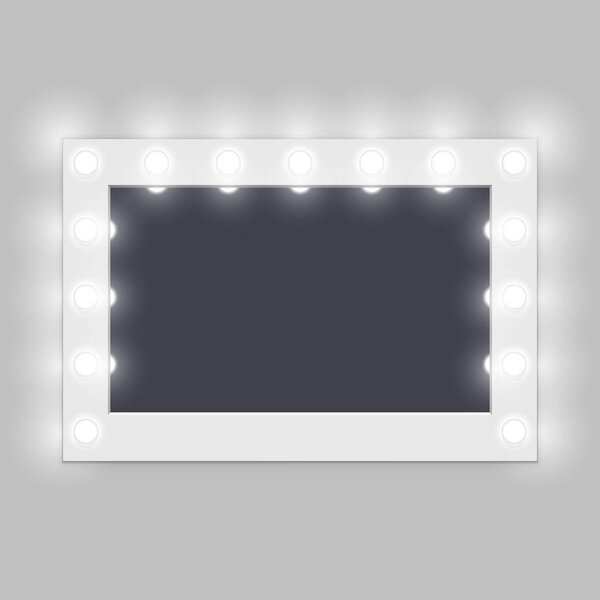 Backstage dressing room makeup illuminated mirror hanging on white wall. Vector illustration.