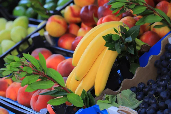 Gelbe Bananen Und Früchte Der Markttheke — Stockfoto