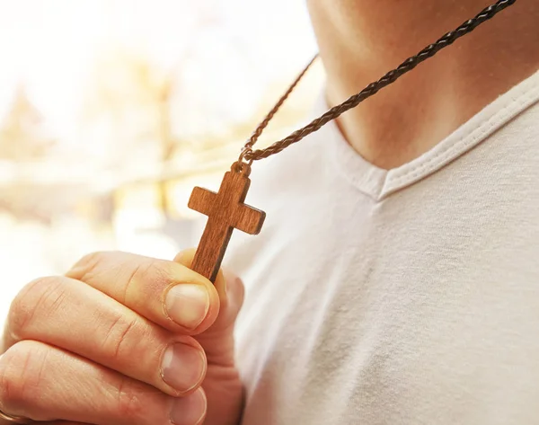 Wooden Cross Necklace Man Neck — Stock Photo, Image