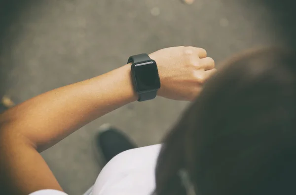 Smart watch on female hand, close-up