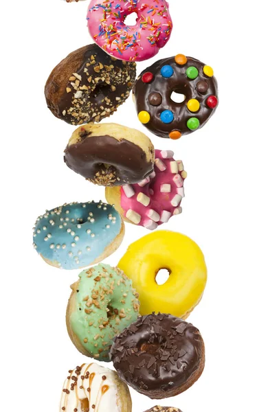 Lots Delicious Donuts Flying Air — Stock Photo, Image
