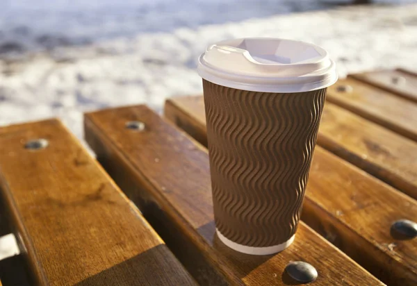 One Cup Coffee Wooden Bench Winter Park — Stock Photo, Image