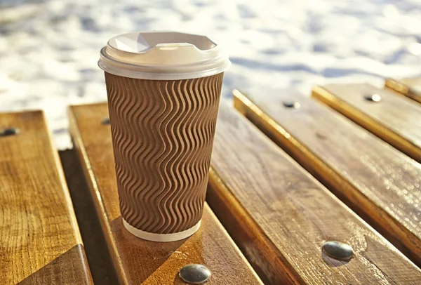 One Cup Coffee Wooden Bench Winter Park — Stock Photo, Image