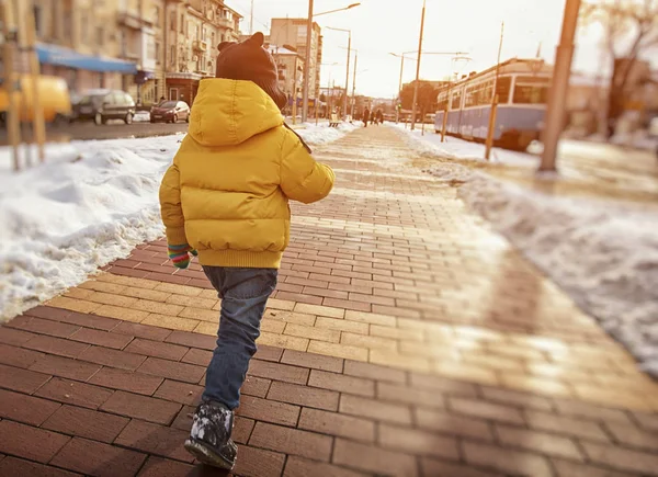 小男孩正在穿过冬天的林荫大道 — 图库照片