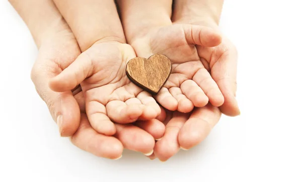 Little Wooden Heart Women Child Hands — Stock Photo, Image