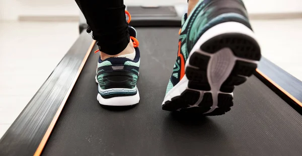 Woman Legs New Sneakers Treadmill — Stock Photo, Image