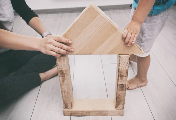 Son Mother Playing Room Build House Wooden Blocks — Stock Photo, Image