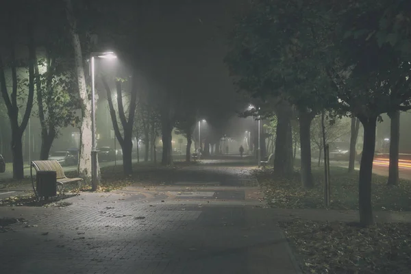 De mistige laan in de avond stad — Stockfoto