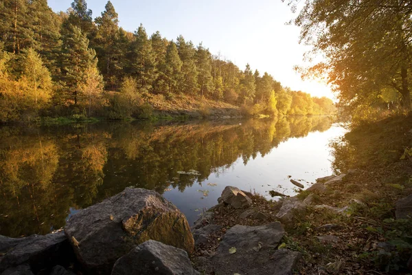 Krásný podzim na břehu řeky u lesa — Stock fotografie
