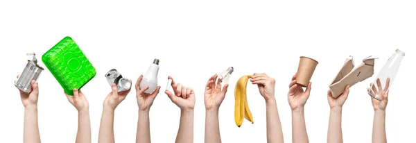 Muitas Mãos Mulher Estão Segurando Diferentes Tipos Lixo — Fotografia de Stock
