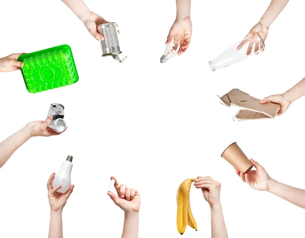 Lot Woman Hands Holding Different Kind Garbage — Stock Photo, Image