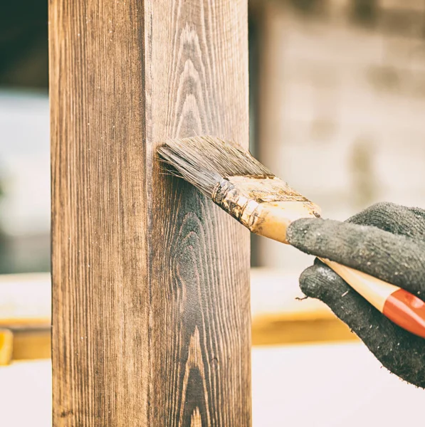 Worker Painting Wooden Terrace — Stock Photo, Image