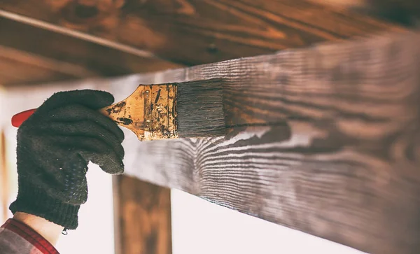 Worker Painting Wooden Terrace — Stock Photo, Image