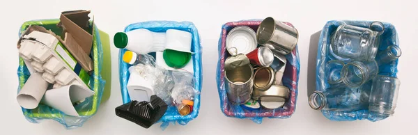 Four Different Container Sorting Garbage Plastic Paper Metal Glass — Stock Photo, Image