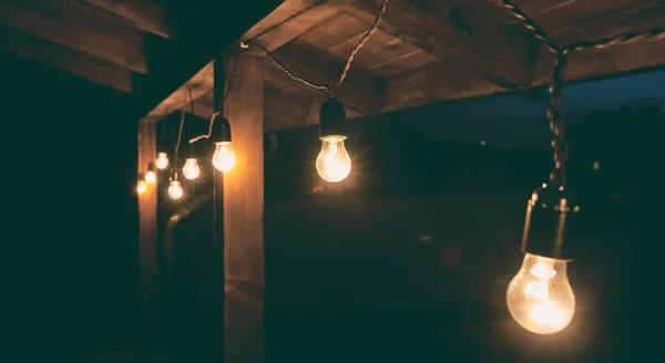 Garland Light Bulbs Hanging Wooden Terrace — Stock Photo, Image