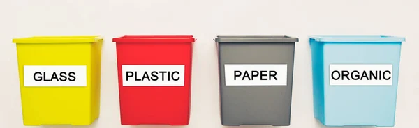 Cuatro Papeleras Plástico Vacías Para Clasificar Basura — Foto de Stock