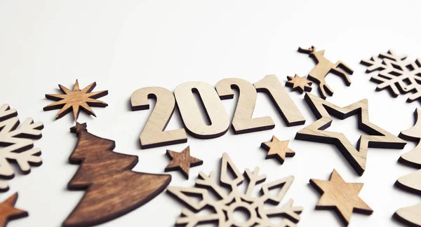 Beautiful Christmas Background Lot Small Wooden Decorations Wooden Numbers 2021 — Stock Photo, Image