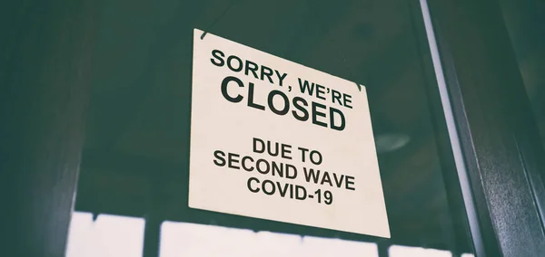 Wooden Sign Text Sorry Closed Due Second Wave Covid19 Hanging — Stock Photo, Image