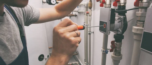 Man Installing Heater System House — Stock Photo, Image