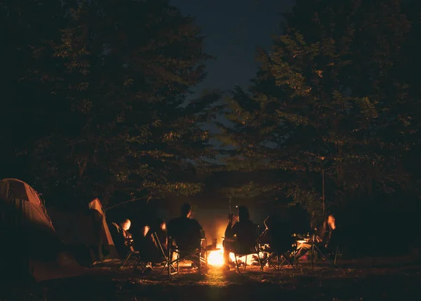 Die Gruppe Junger Leute Sitzt Lagerfeuer Und Plaudert Und Singt — Stockfoto