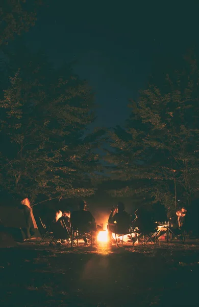若者のグループは たき火の周りに座っていると話や歌を歌っている — ストック写真