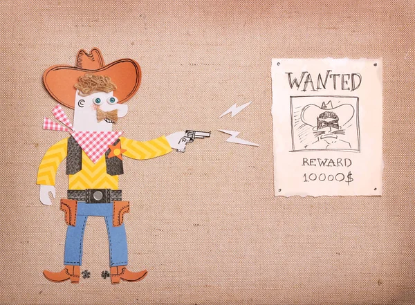 Amerikansk Sheriff Western Cowboy Kläder Skytte Till Bandit Wanted Affisch — Stockfoto