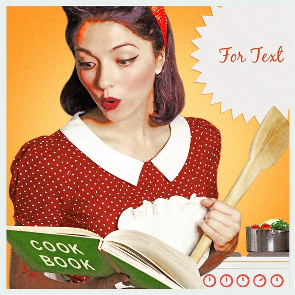 Young housewife in retro clothes cooking food in her kitchen room. Retro Poster on old paper