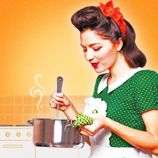 Young housewife cooks in the kitchen.Retro style poster for text or design