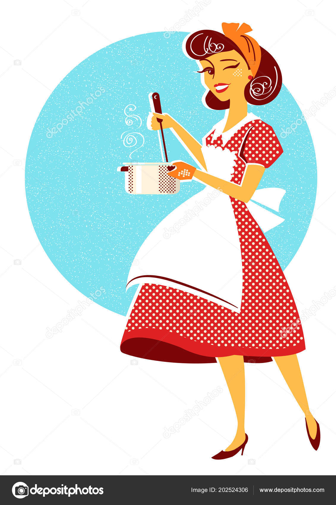 Young Housewife Red Retro Dress Cooking Soup Her Kitchen Room Stock ...