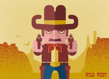 Silahları amaçlayan kovboy. Amerikan Western adam çöl manzara kovboy şapkası ile