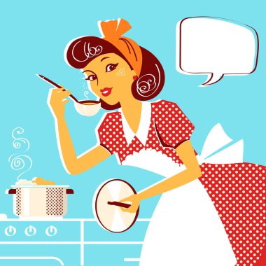 Retro moda kırmızı ev hanımı genç portresi pişirme çorba elbise. Vektör çizim üzerinde beyaz izole