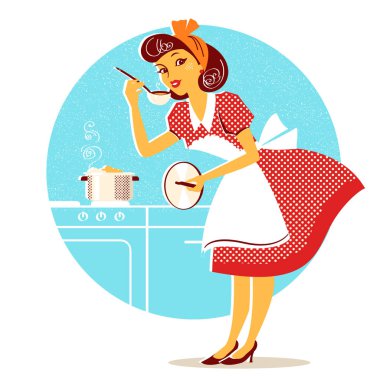 Genç Ev hanımı retro moda kırmızı elbise pişirme çorba. Vektör çizim üzerinde beyaz izole