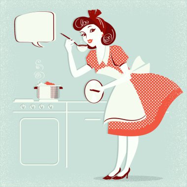 Genç Ev hanımı retro moda kırmızı elbise pişirme çorba. Vintage eski poster