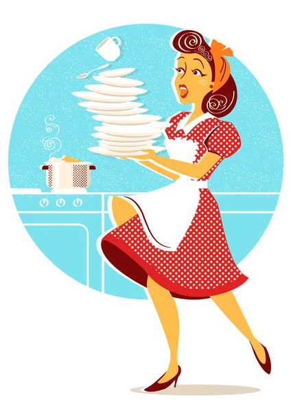 Неуклюжая Привлекательная Женщина Падает Тарелки Посуда Кухни Векторная Иллюстрация Изолированы — стоковый вектор