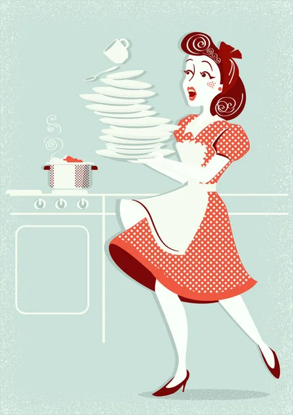 Clumsy Attractive Woman Falling Plates Dishes Her Kitchen Vector Vintage — Stock Vector