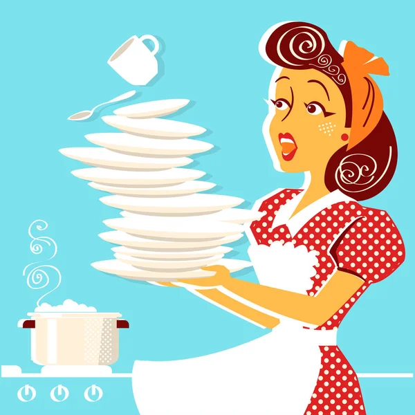 Портрет Неуклюжей Привлекательной Женщины Падающей Тарелками Посудой Своей Кухне — стоковый вектор