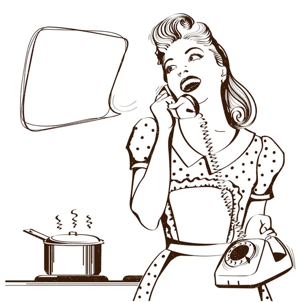 Jeune Femme Rétro Parlant Téléphone Dans Cuisine Illustration Graphique Vectorielle — Image vectorielle