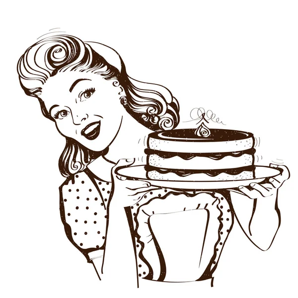 复古微笑的主妇拿着大蛋糕在她的手中 在白色上隔离的矢量图形插图 — 图库矢量图片