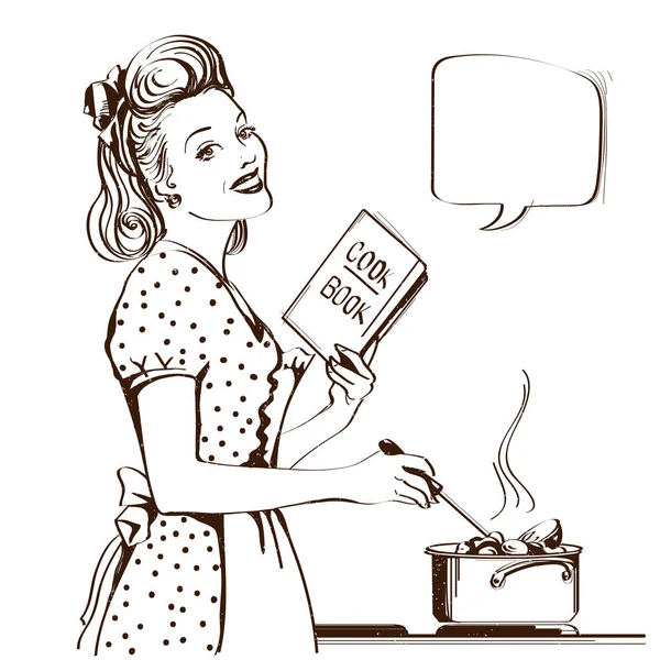 穿着复古礼服的年轻女子在她的厨房里煮汤 Reto 风格海报与语音气泡为文本 — 图库矢量图片