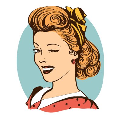 Winking young woman in retro clothes.Vector vintage portrait isolated on white clipart