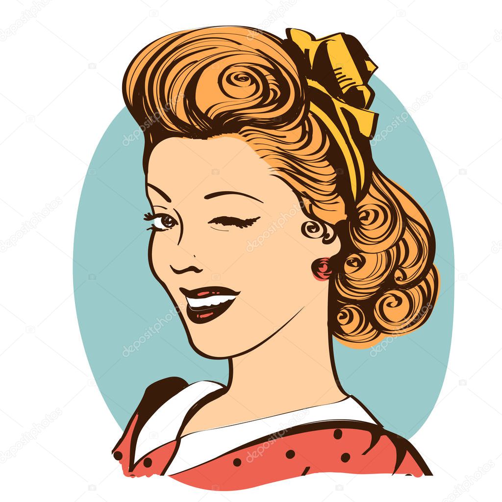 Winking young woman in retro clothes.Vector vintage portrait isolated on white