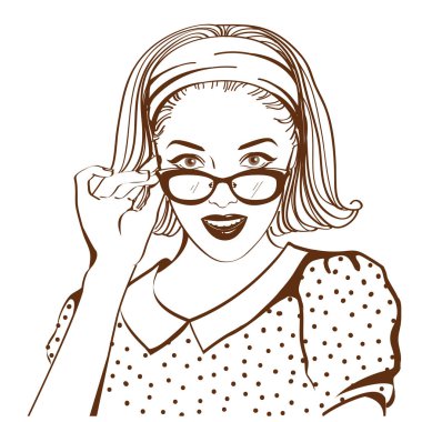 Retro güzel kadın yüzü güneş gözlüklü. Vektör portre üzerinde beyaz izole